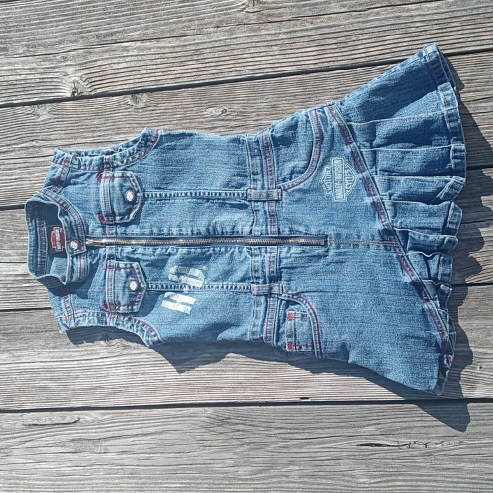 Harley-Davidson girls' denim dress with a pleated skirt.ย